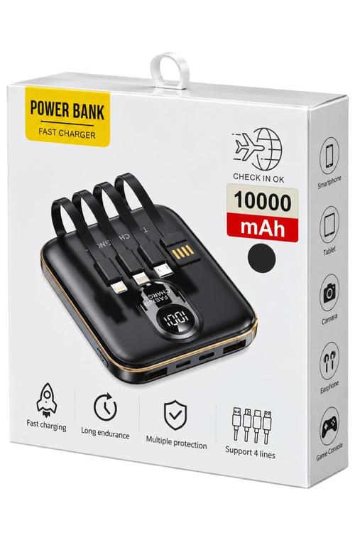 Portable 10,000 mAh Super Fast Charging Power Bank with 4 Built-In Cables Black